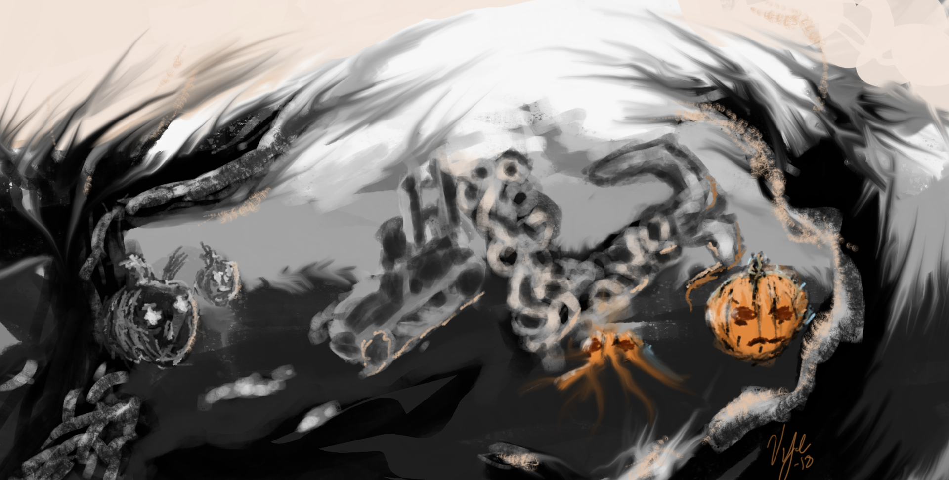 Tractor picking pumpkins