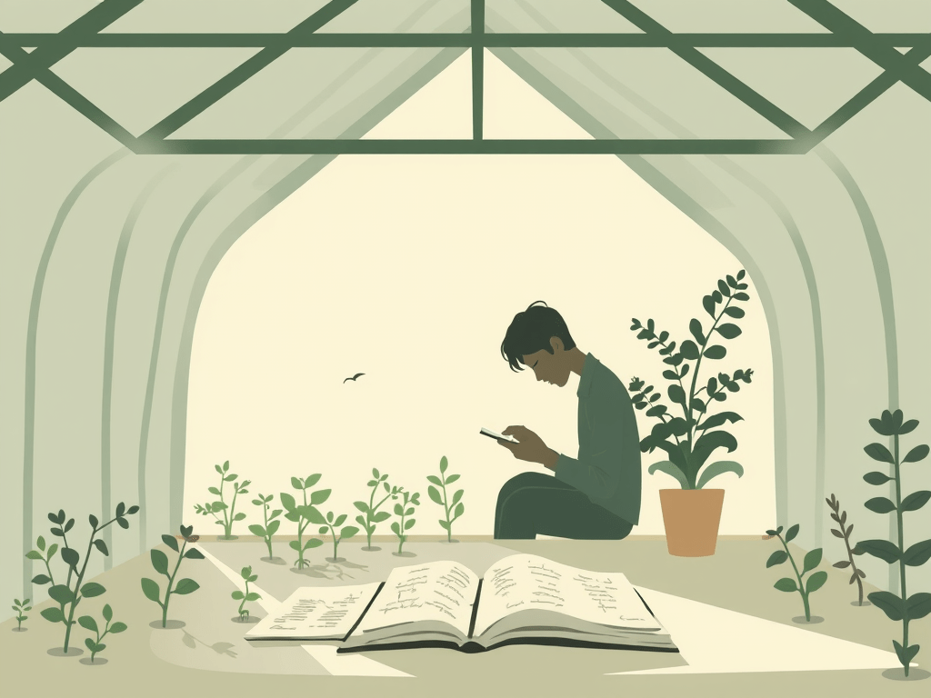 a soft minimal illustration of a greenhouse filled with gentle